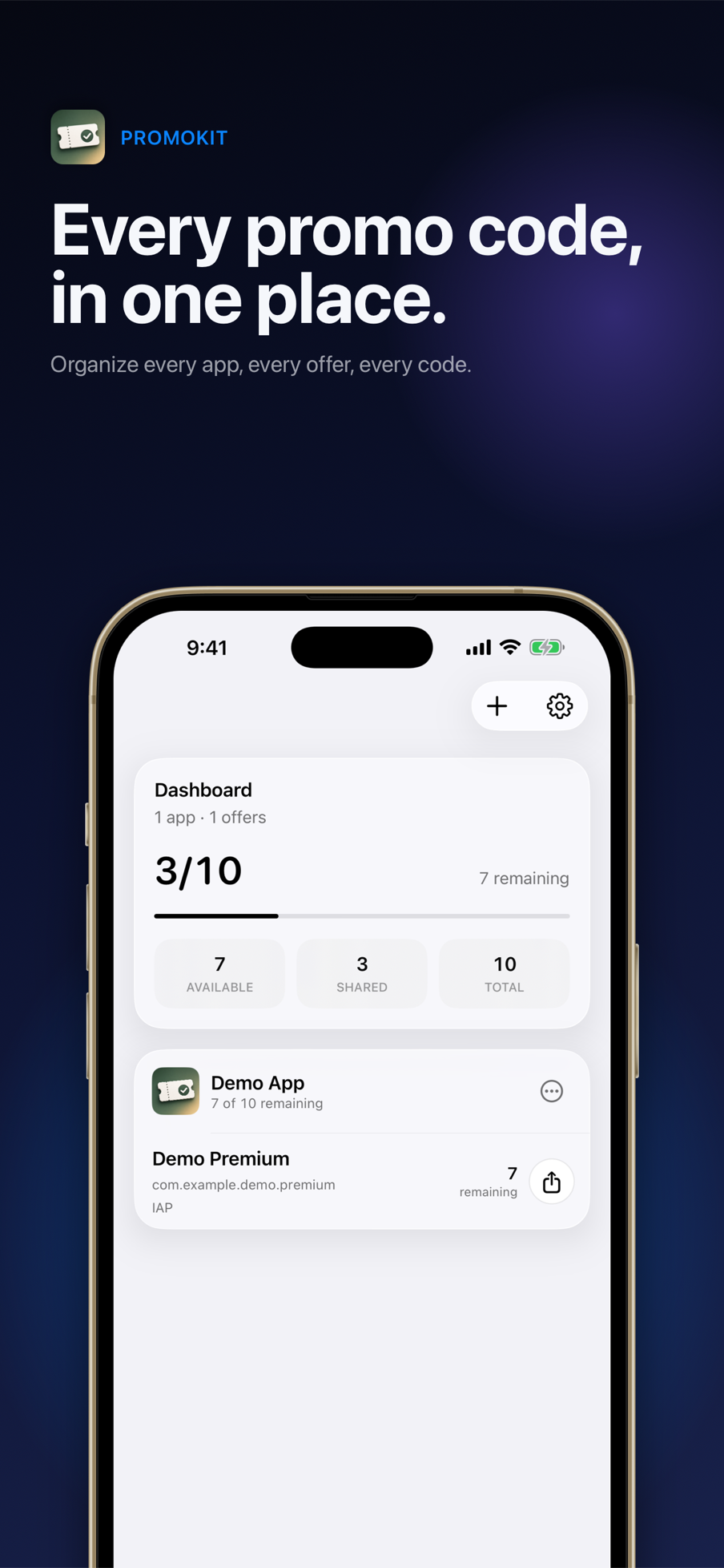 PromoKit dashboard showing available, shared, and total offer-code counts for a demo app