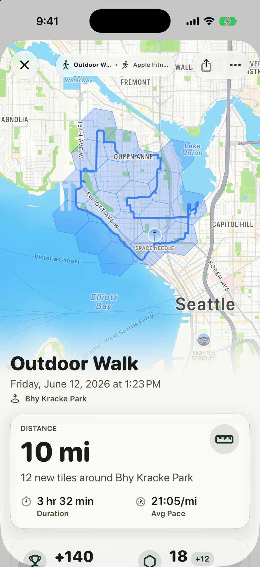 Tiles outdoor walk detail showing a Seattle route, distance, and pace
